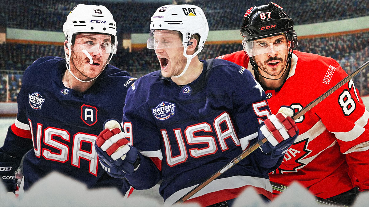 Photo: Sidney Crosby in action in Team Canada jersey, Matthew Tkachuk, Jake Guentzel celebrating in Team USA jerseys