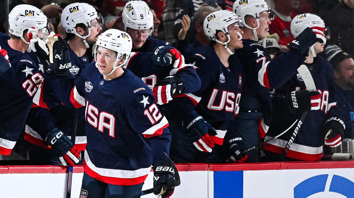 Feb 13, 2025; Montreal, Quebec, CAN; [Imagn Images direct customers only] Team USA forward Matt Boldy (12) celebrates with teammates after a goal against Team Finland in the second period during a 4 Nations Face-Off ice hockey game at Bell Centre.