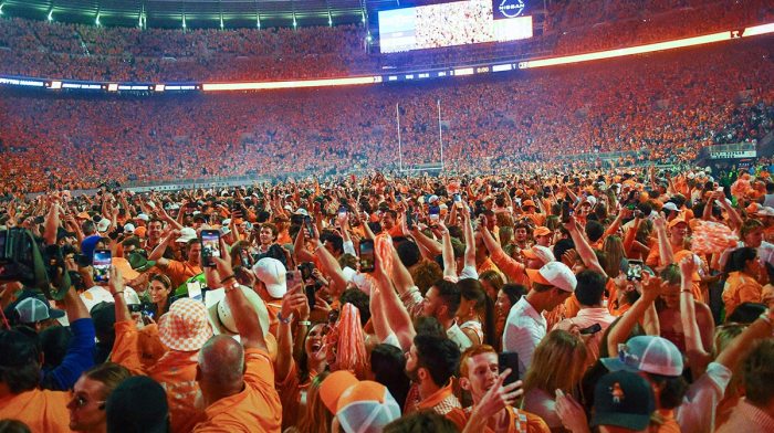 Fans storm the field after Tennessee's 52-49 win over Alabama in Neyland Stadium