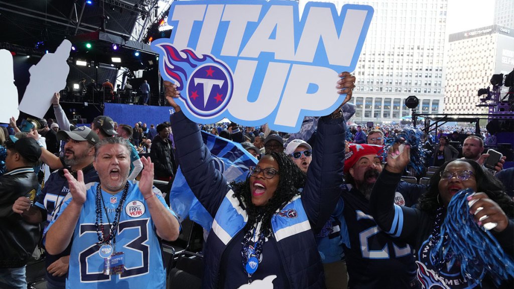 Tennessee Titans fans cheer during the 2024 NFL Draft at Campus Martius Park and Hart Plaza. 