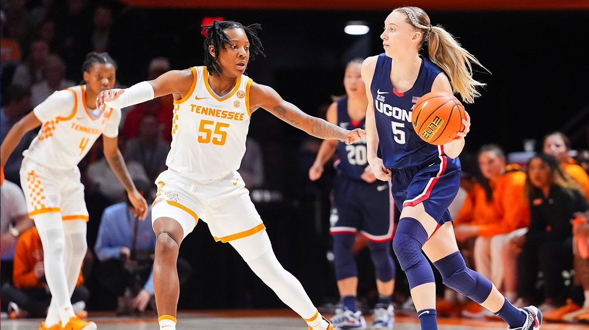 Tennessee guard Talaysia Cooper (55) defends UConn guard Paige Bueckers (5) during a women's college basketball game between the Lady Vols and UConn.