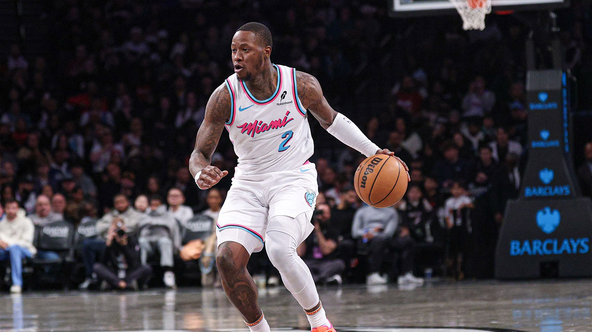 Miami Heat guard Terry Rozier (2) dribbles up court during the second half against the Brooklyn Nets at Barclays Center.