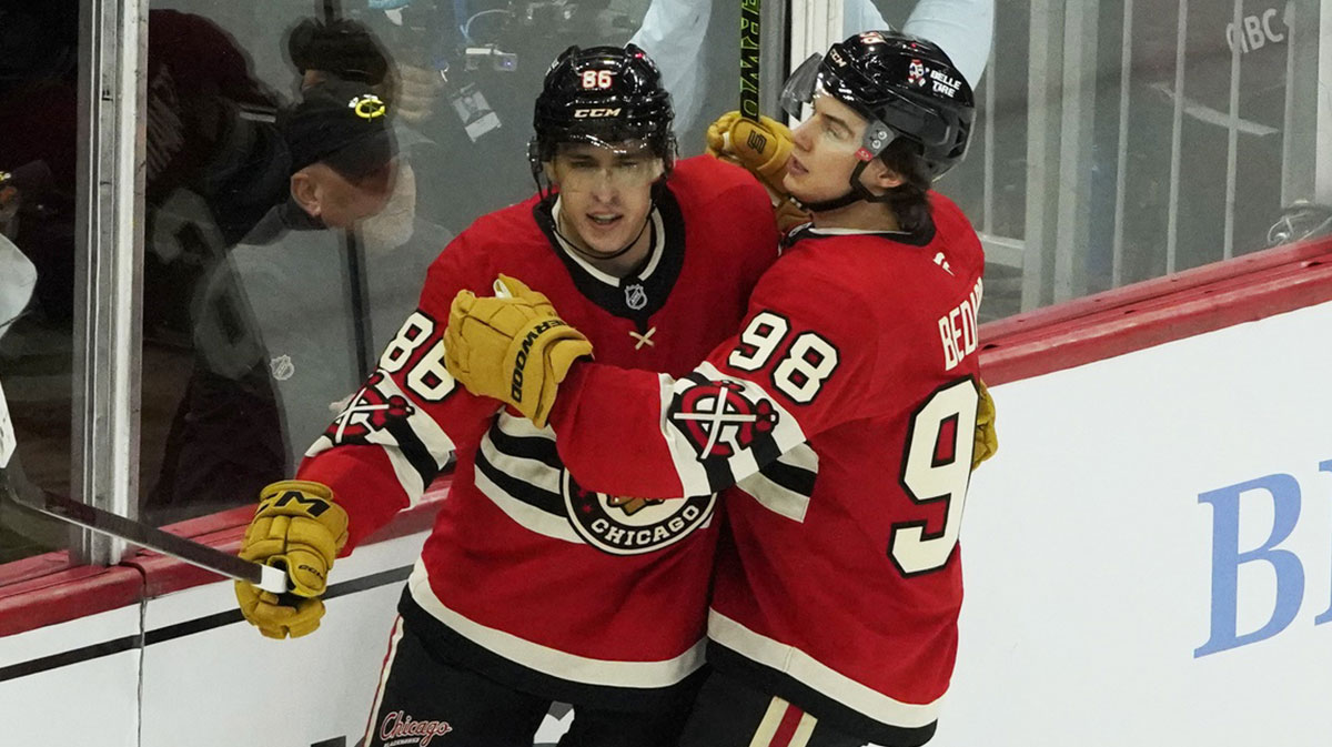 Chicago Blackhawks center Teuvo Teravainen (86) celebrates his goal against the Toronto Maple Leafs with center Connor Bedard (98) during the first period at United Center.