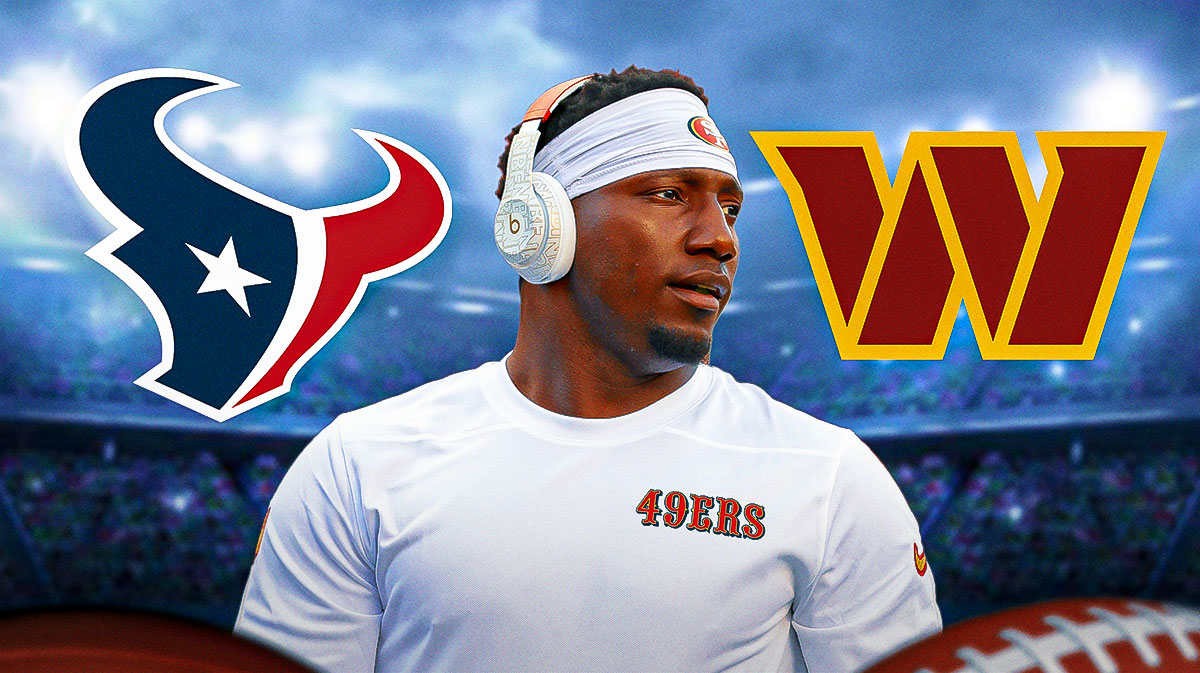 Deebo Samuel in the middle, the Houston Texans logo on one side, the Washington Commanders logo on the other side