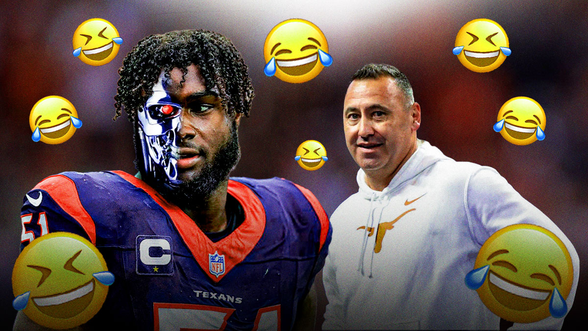 Texans EDGE Will Anderson with a Terminator head standing next to Texas football HC Steve Sarkisian smiling/laughing. Multiple 🤣 and 😂 emojis throughout background. Background is Saban Field at Bryant-Denny Stadium.