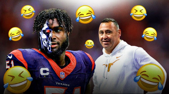 Texans EDGE Will Anderson with a Terminator head standing next to Texas football HC Steve Sarkisian smiling/laughing. Multiple 🤣 and 😂 emojis throughout background. Background is Saban Field at Bryant-Denny Stadium.
