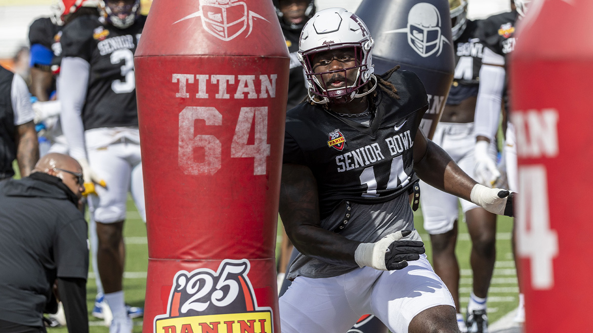 American team defensive lineman Shemar Stewart of Texas A&M (14) works in drills during Senior Bowl practice for the National team at Hancock Whitney Stadium.