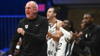 Butler Bulldogs head coach Thad Matta celebrates after a play during the second half against the Seton Hall Pirates at Hinkle Fieldhouse.