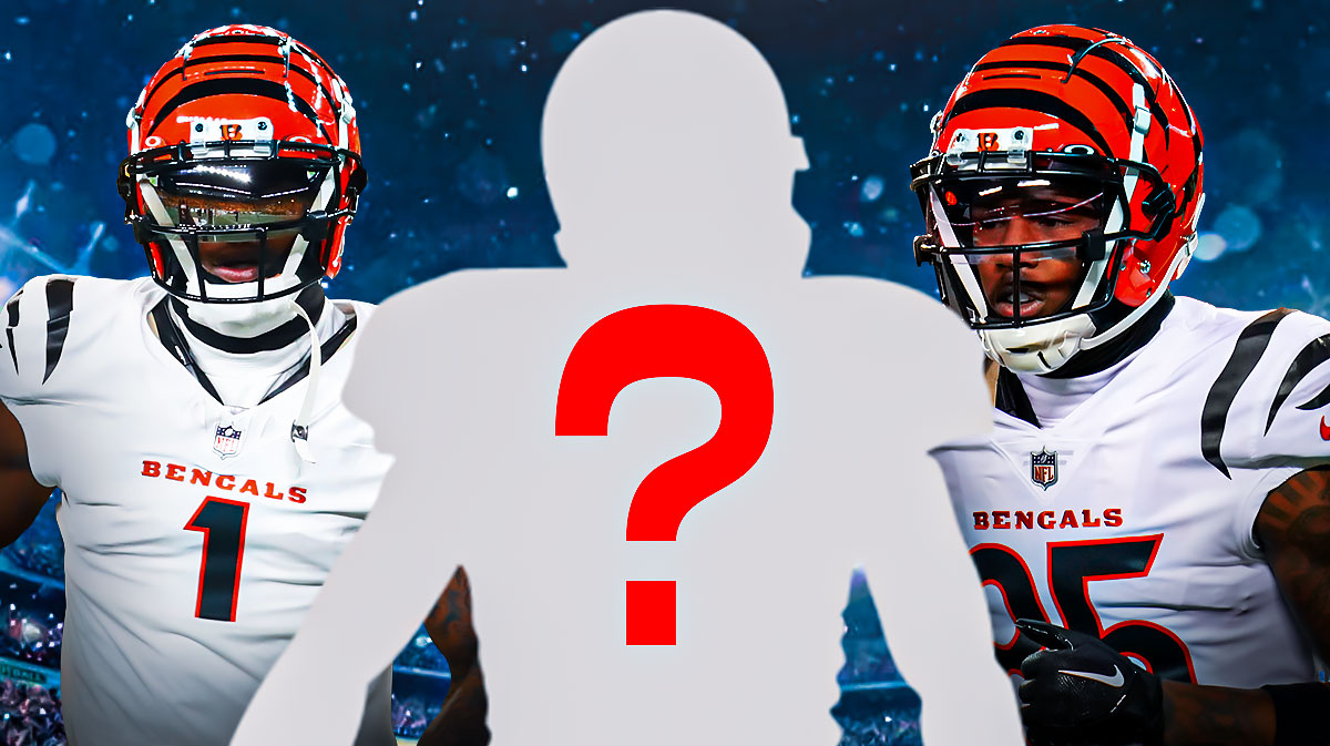 Cincinnati Bengals WR Tee Higgins next to Ja'Marr Chase and a silhouette of an American football player with a big question mark emoji inside. There is also a logo for the Cincinnati Bengals.