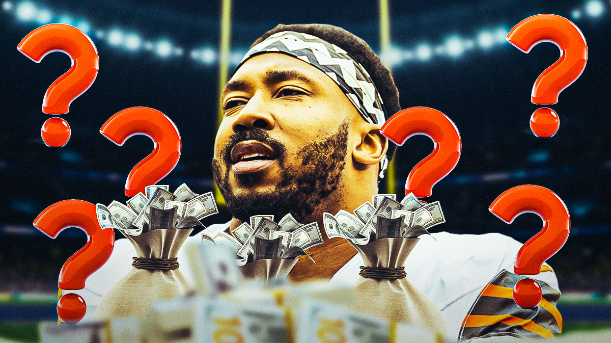 Browns defensive end Myles Garrett with question marks around him and money around him. There's also the Browns logo in the background. andrew berry