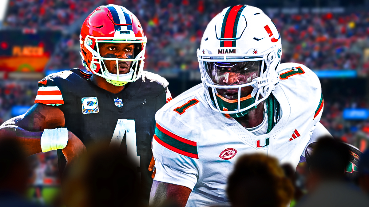 Deshaun Watson next to Cam Ward in front of the Browns stadium.