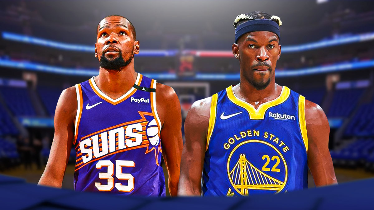 Kevin Durant next to Jimmy Butler with Warriors logo.