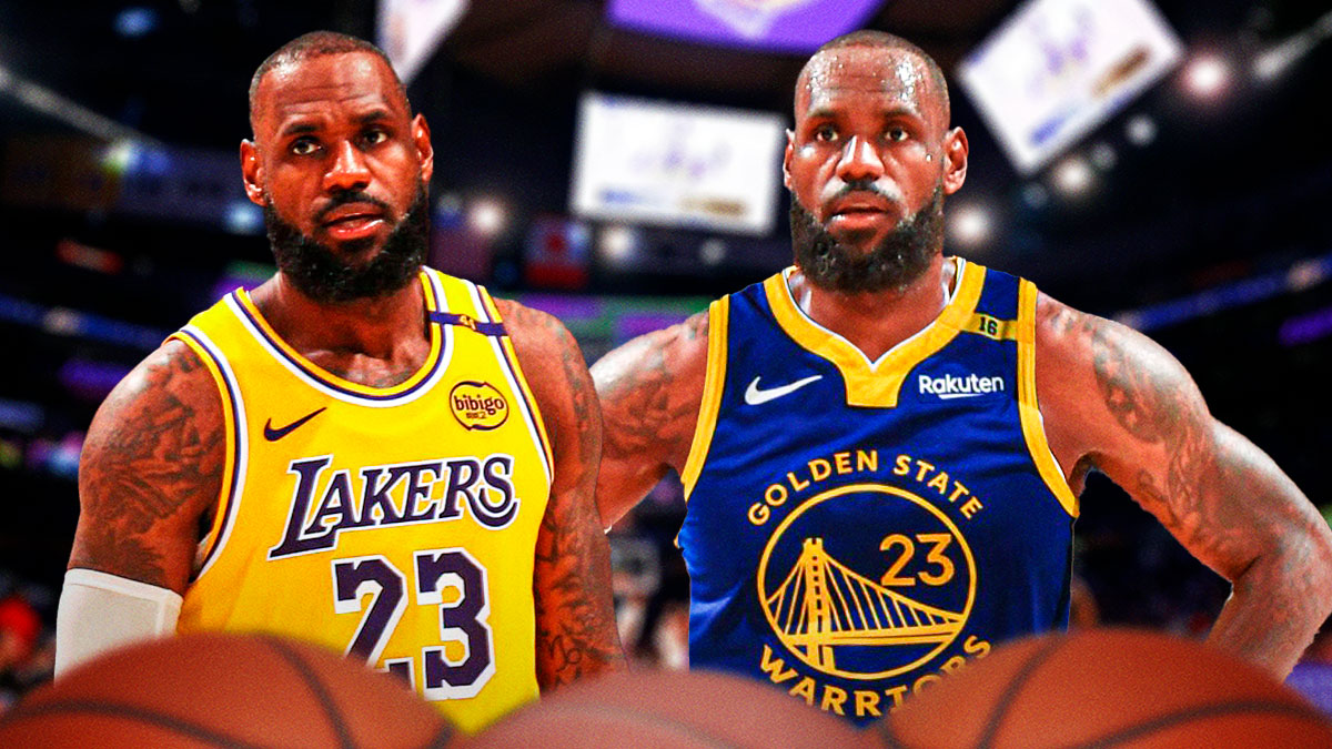 LeBron James in a Lakers jersey and a Warriors jersey.