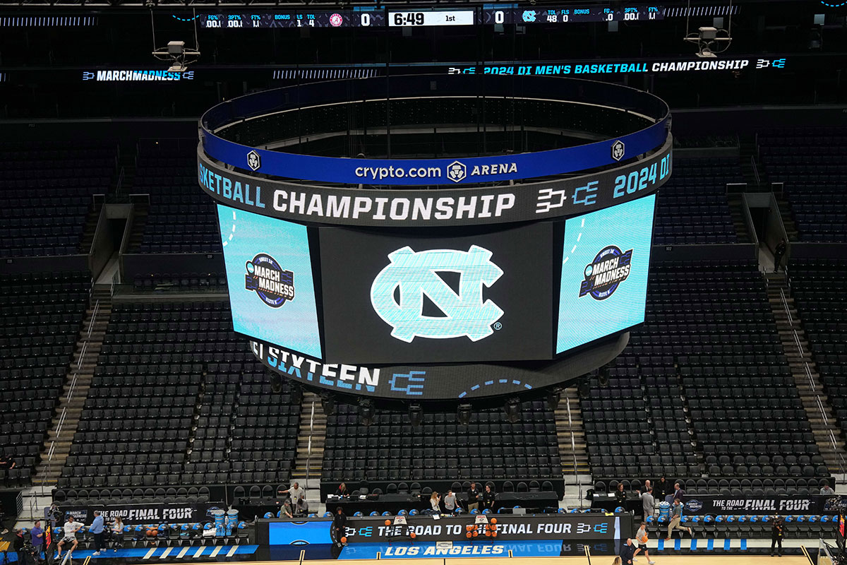 The North Carolina Tar Heels logo on the video board during practice prior to NCAA Tournament at West Regional at Crypto.com Arena.