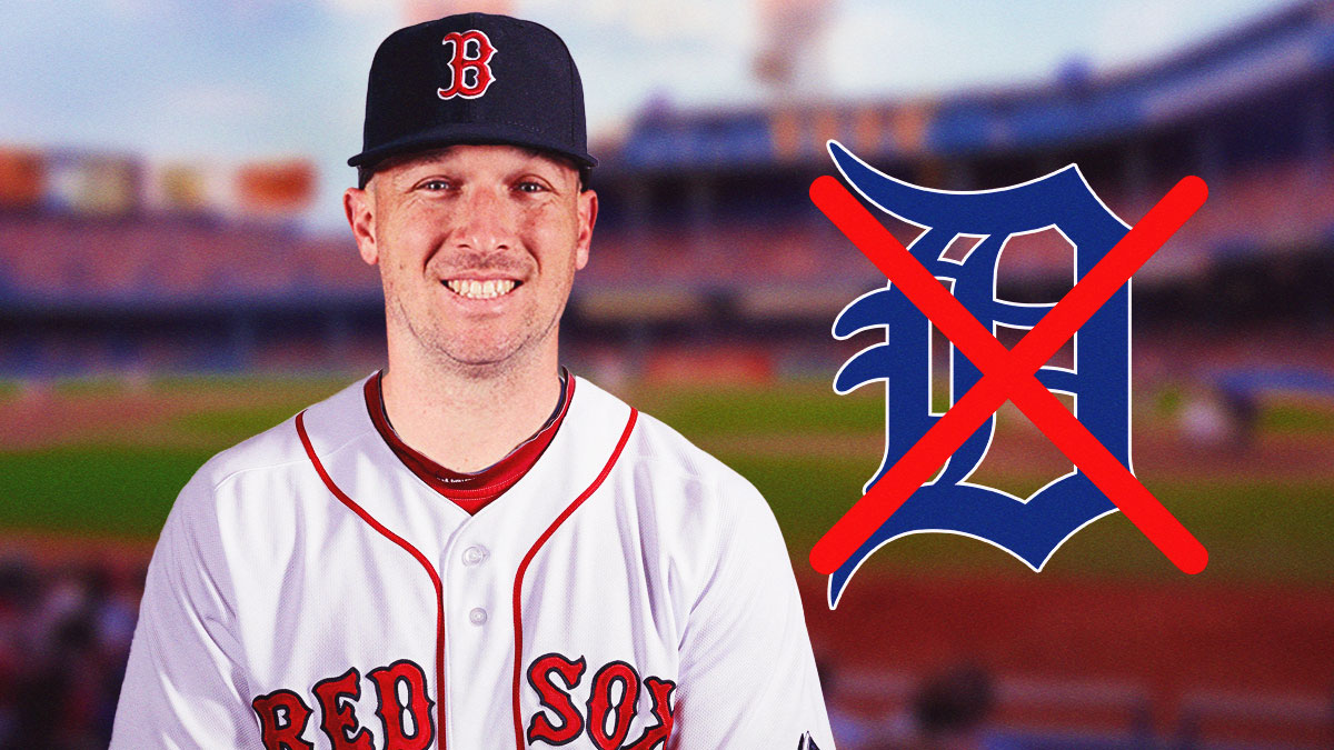 Alex Bregman in Red Sox uniform, with cross mark on Tigers logo
