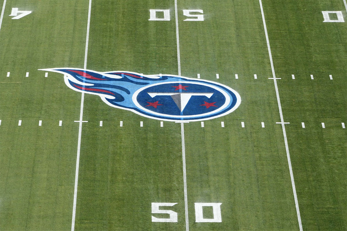 A detailed view of the Tennessee Titans logo at midfield during a AFC Divisional playoff football game at Nissan Stadium.