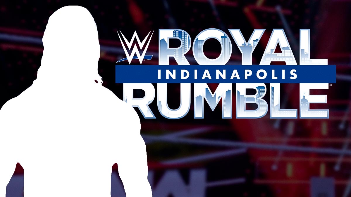 Silhouette of WWE star Drew McIntyre and 2025 Royal Rumble logo.