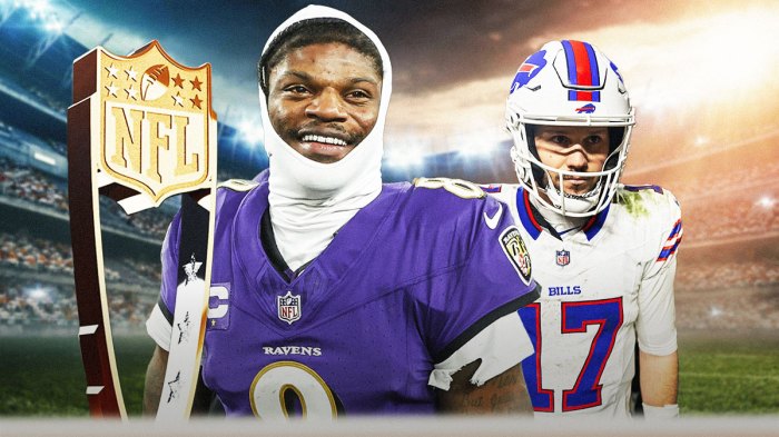 IMAGE: Ravens QB Lamar Jackson with a smile on his face, holding the NFL MVP trophy. Behind him/next to him is a sad Bills QB Josh Allen. Background is football field.