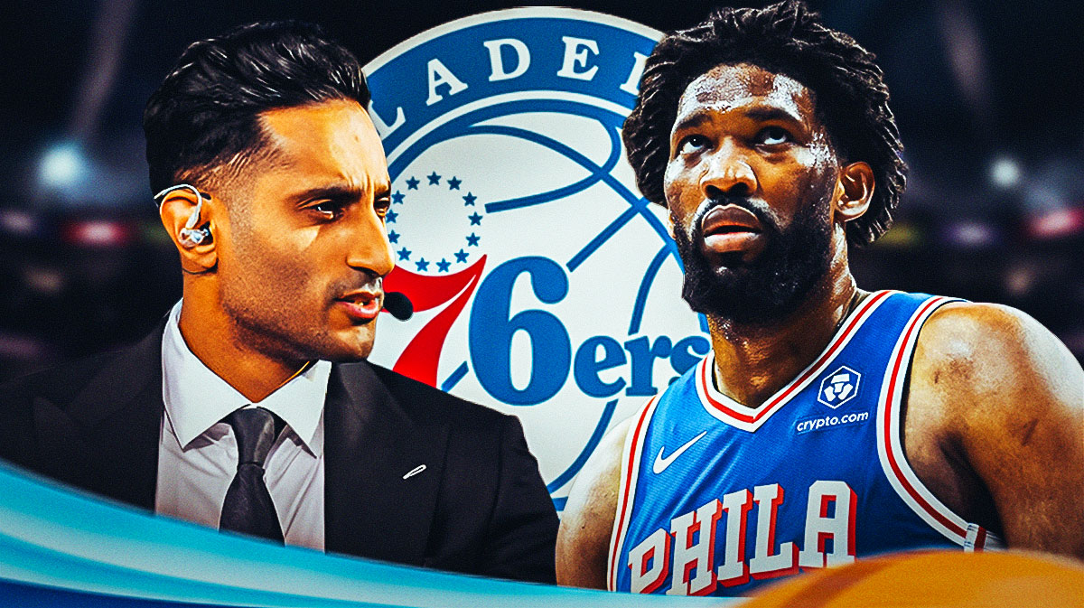 ESPN's Shams Charania next to 76ers center Joel Embiid with the 76ers logo in the background