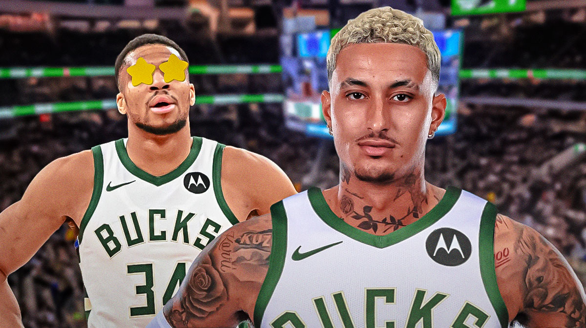 Bucks' Kyle Kuzma after trade, Giannis Antetokounmpo looking at him with starry eyes