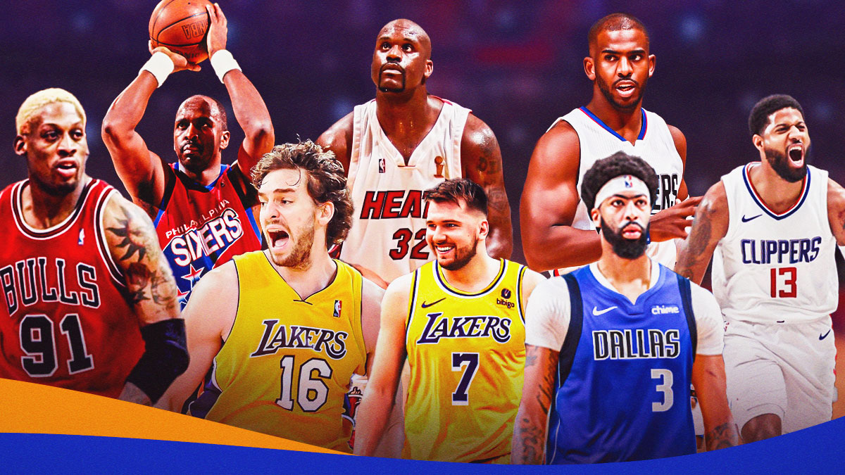 Rodman wearing Bulls gear, Moses Malone wearing Sixers gear, Paul Gasol wearing Lakers gear, CP3 wearing Clippers gear, Paul George wearing Clippers gear, Shaq wearing Heat gear, front and center is Luka wearing Lakers gear and AD wearing Mavs gear.