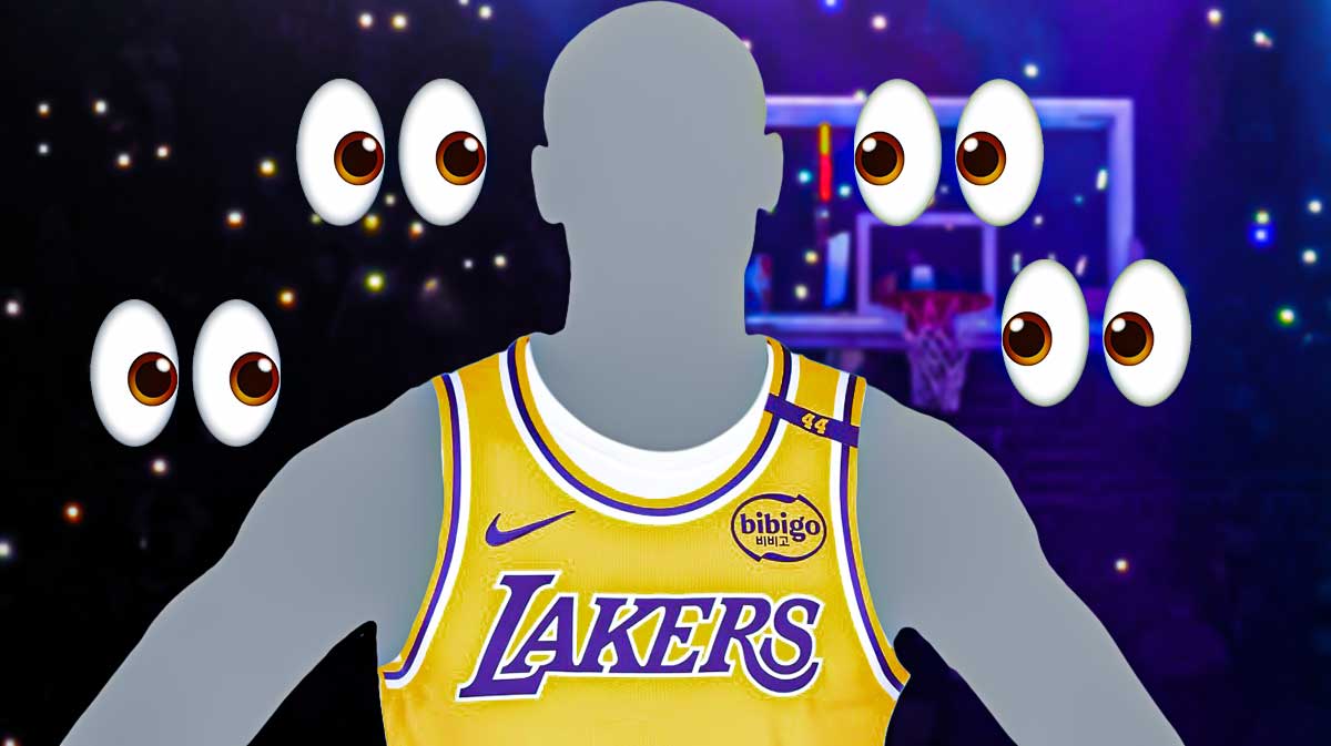 Mystery player in the middle in a Los Angeles Lakers uniform, Los Angeles Lakers wallpaper in the background, 👀 emoji all around