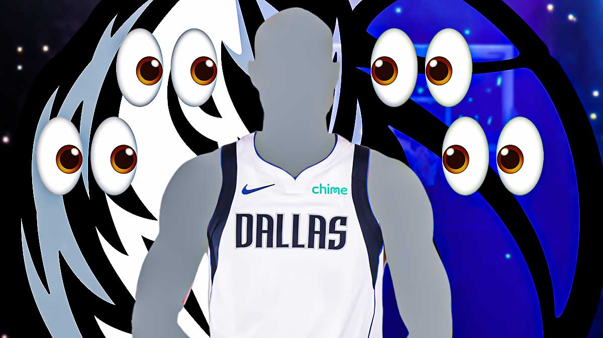 Mystery player in the middle in a Dallas Mavericks uniform, Dallas Mavericks wallpaper in the background, 👀 emoji all around