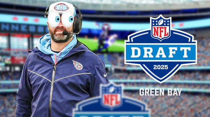 Titans Brian Callahan with emojis in his eyes looking at the 2025 NFL Draft logo
