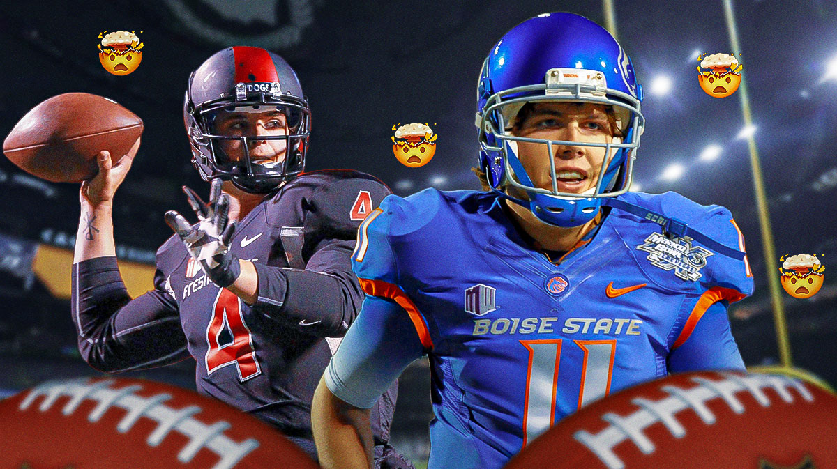 Kellen Moore on one side in a Boise State Broncos jersey, Derek Carr on the other side in a Fresno State jersey (should not have to be a jersey swap for either of them). A bunch of the mind-blown emojis in the background
