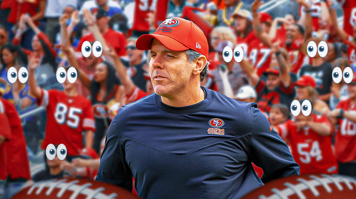 Brian Griese (in San Francisco 49ers gear if he isn't already) on one side, a bunch of San Francisco 49ers fans on the other side with the big eyes emoji around them