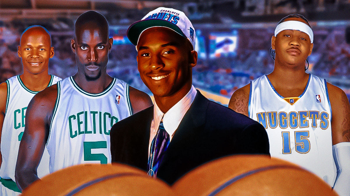 Ray Allen and Kevin Garnett in Celtics gear on the left. In the middle is Kobe Bryant with Hornets hat on on draft day. On the right is Carmelo Anthony in Nuggets gear.
