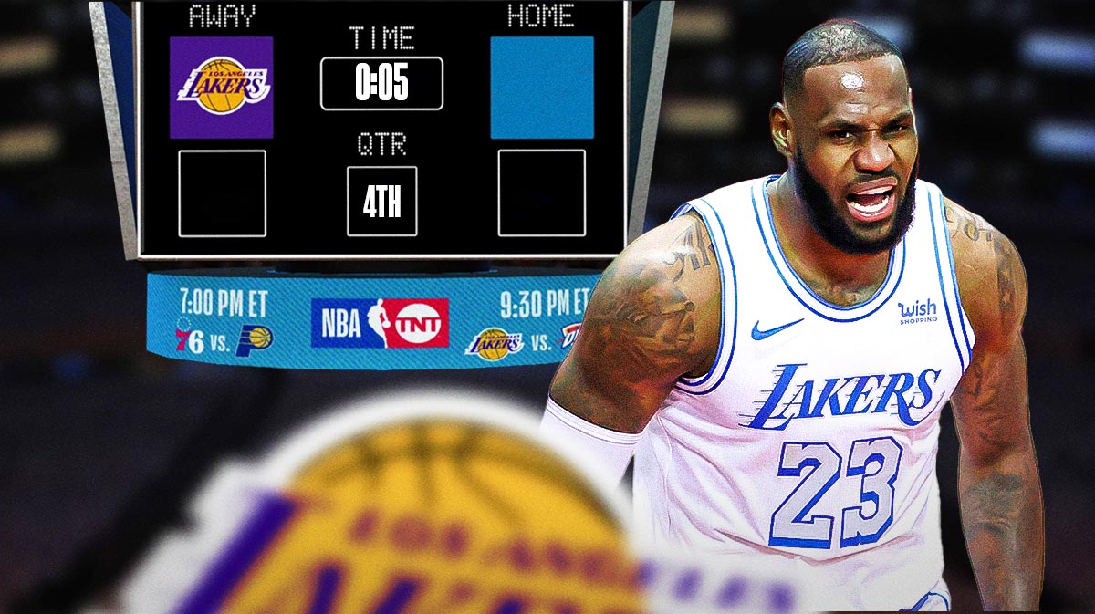 Lakers superstar LeBron James with a Lakers scoreboard behind him that says the fourth quarter with 0:05 left on the clock