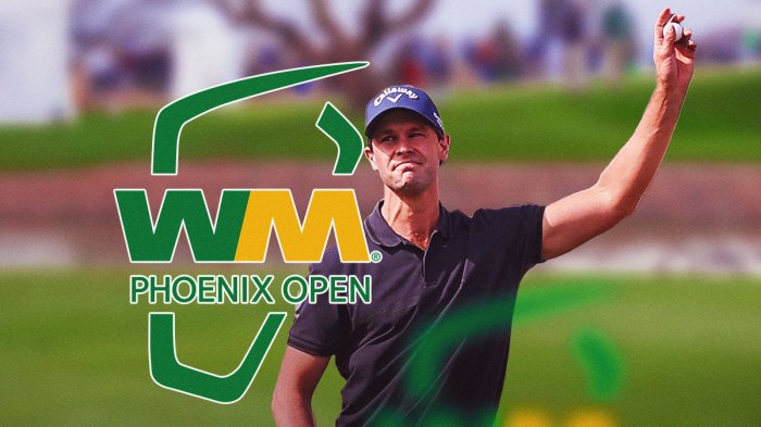Thomas Detry celebrating next to Waste Management Phoenix Open logo