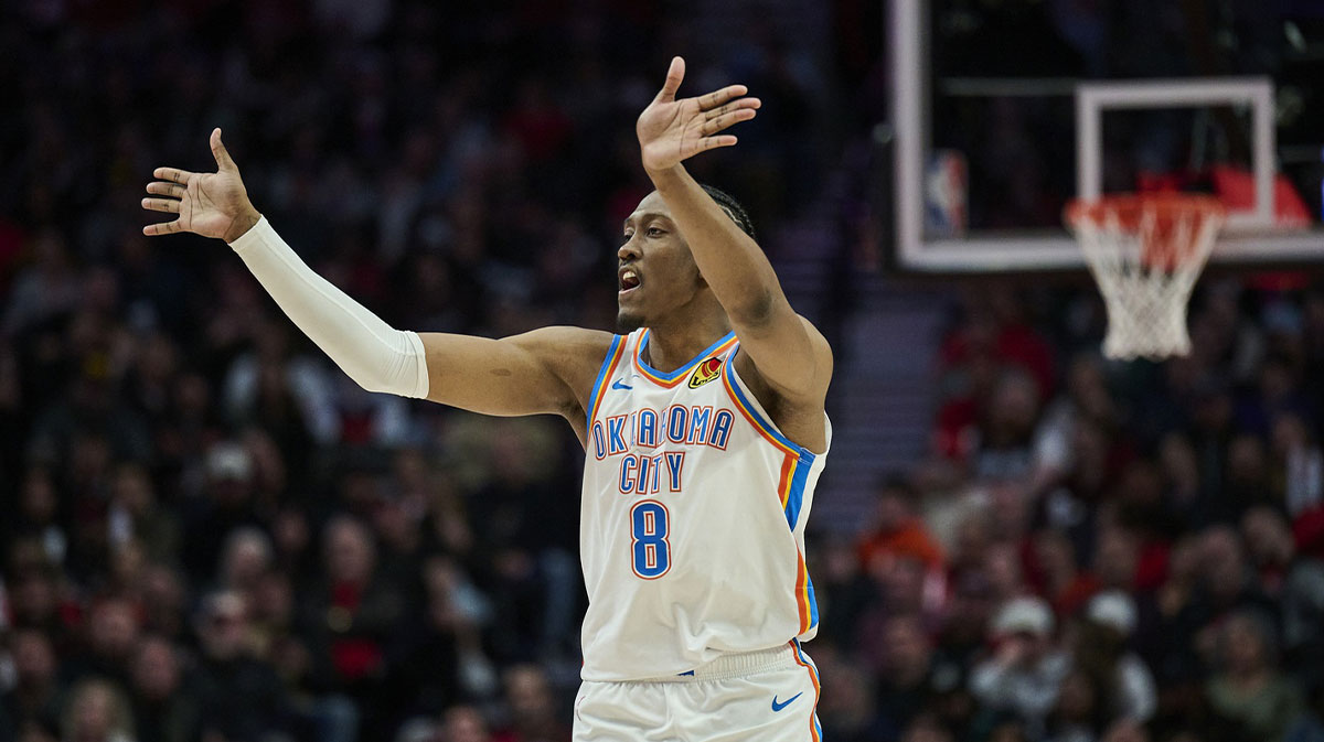 Thunder forward Jalen Villiams (8) Signals for teammates during second half against Portland Trail Blazers in Fashion Center