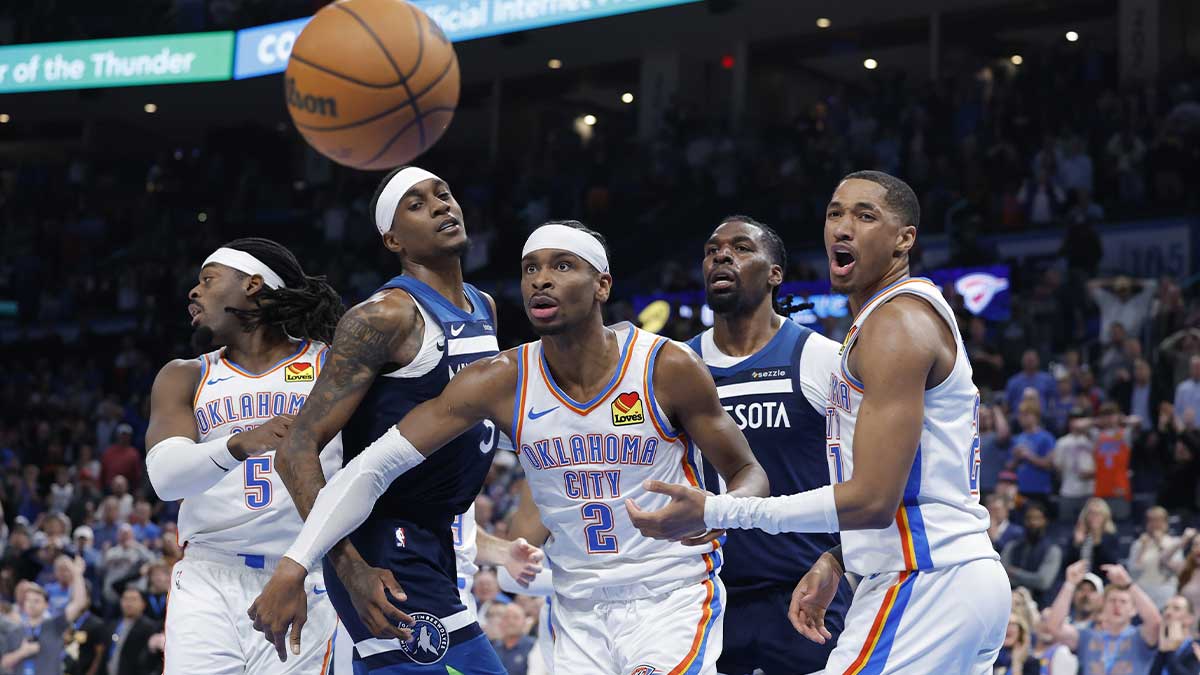 Thunder guard Shai Gilgeous-Alexander (2) reacts after a play against the Minnesota Timberwolves during the second half at Paycom Center