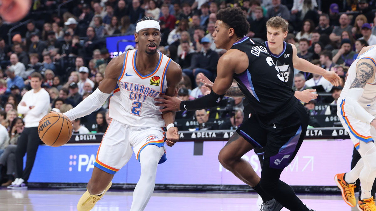 Thunder Guard Shai Gilgeous-Alexander (2) Drive against Utah Jazz Guard Keyonte George (3) during the second quarter in Delta Centura