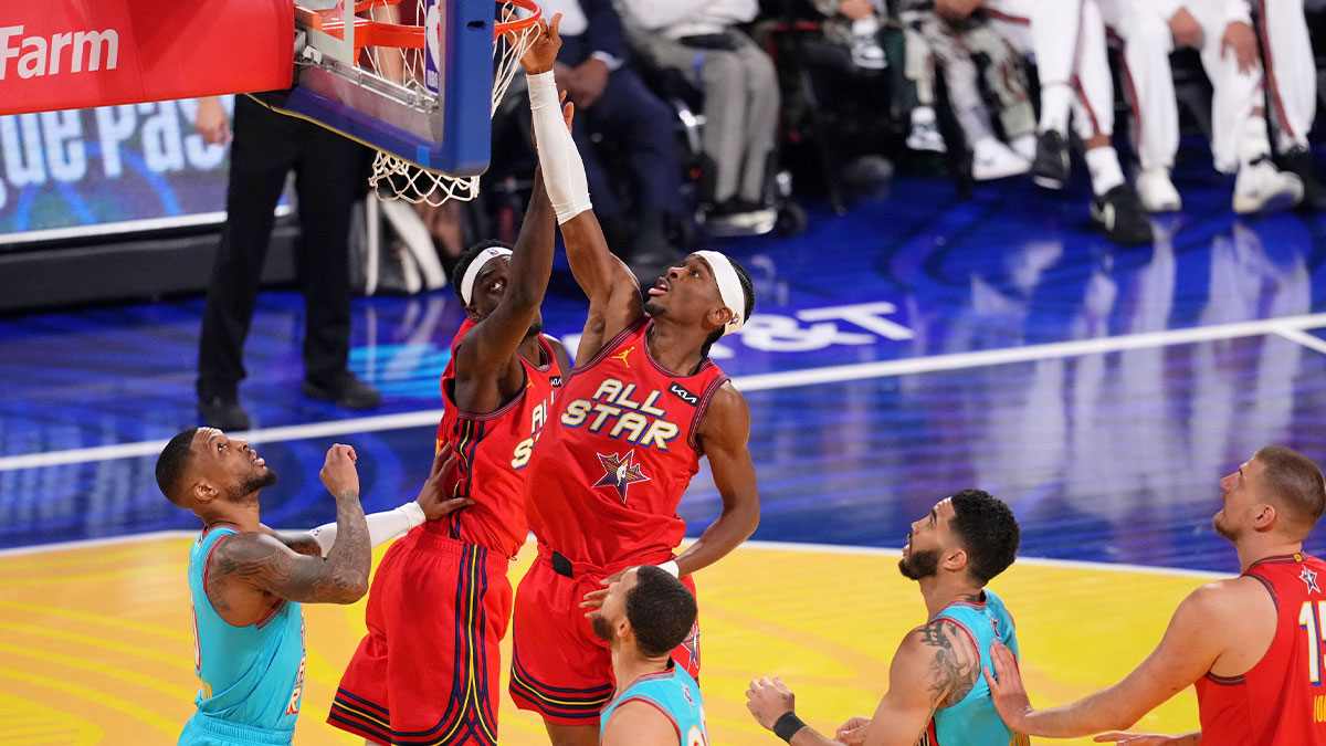 Grbena Garda Shai Gilgeous-Alexander (2) Oklahoma City Thunder reaches the ball against Shakis OGS during 2025 NBA All Star Games in Chase Center