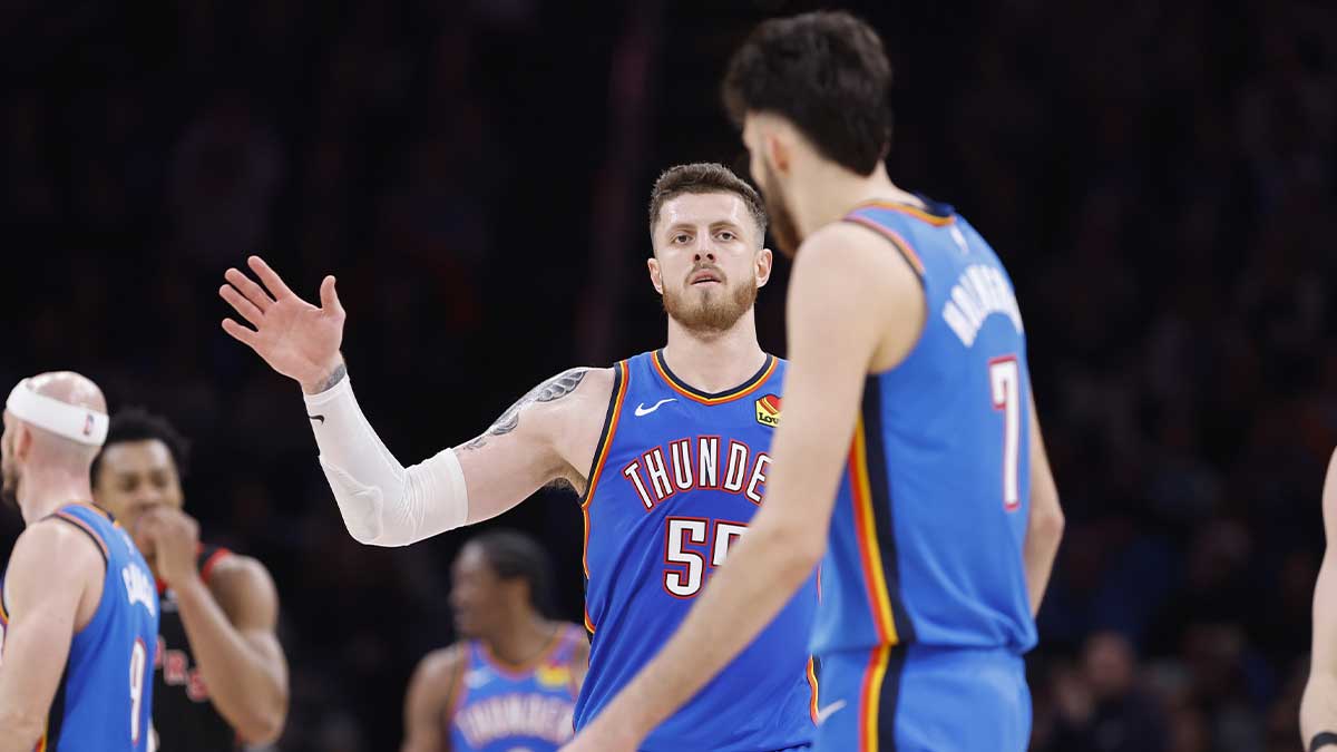 Thunder Center Isaiah Hartertein (55) Gestering towards Chet Holmgren (7) After the play against Toronto Raptor during the second half in Center Pacom