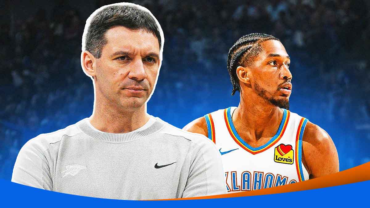 Thunder head coach Mark Daigneault next to Thunder guard Aaron Wiggins with the Thunder logo