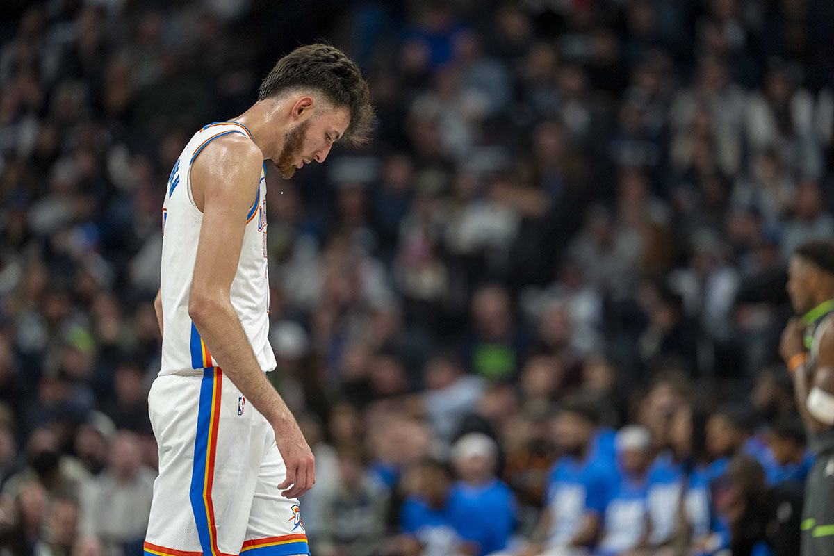 Thunder Forward Chet Holmgren (7) looks down during free throwing against Minnesota Timbervolves in the second half at the target center