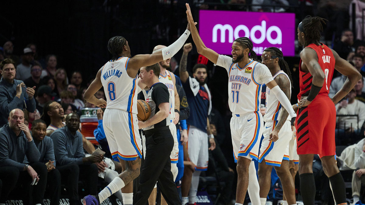 Thunder forward Jalen Williams (8) and Isaiah Watcher Joe (11) High five during the break in the second half against Blazers Portland Trail Blazers in Fashion Center