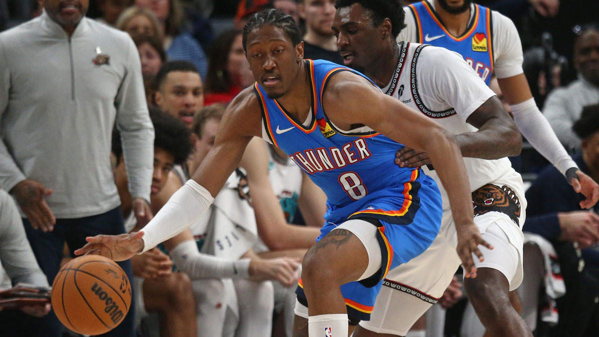 Thunder Pretru Jalen Villiams (8) Dribbles as Memphis Grizzlies Guard Vince Williams Jr. (5) It is prohibited during the fourth quarter in FedExforum