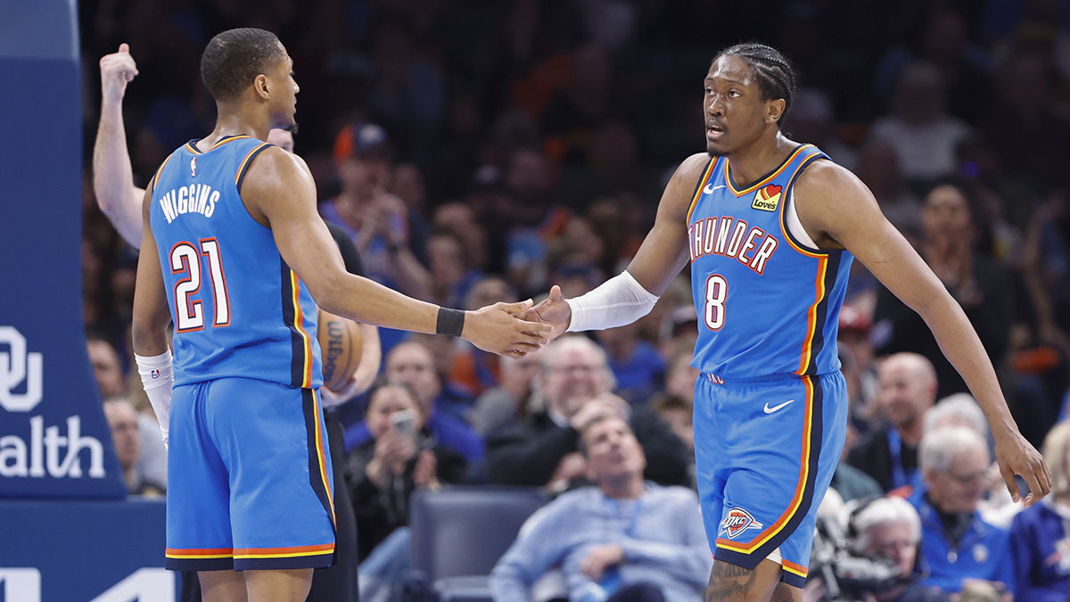 Thunder Guard Aaron Viggins (21) and forward Jalen Williams (8) High five after the show against Toronto Raptor during the second half in Paicom Center