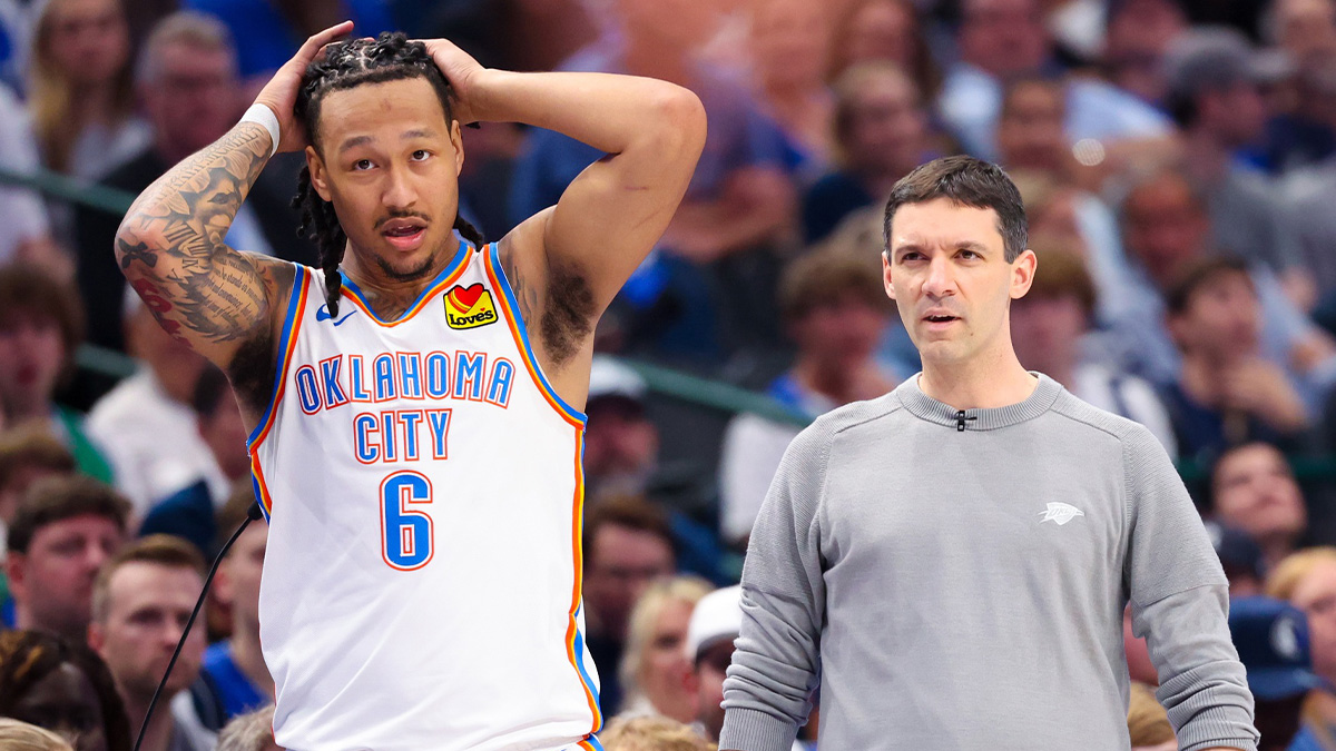 Thunder forward Jaylin Williams (6) and Oklahoma City Thunder head coach Mark Daigneault react during the game against the Dallas Mavericks during game three of the second round for the 2024 NBA playoffs at American Airlines Center