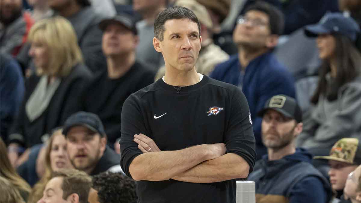 Thunder head coach Mark Daigneault looks on agasint the Minnesota Timberwolves in the second half at Target Center