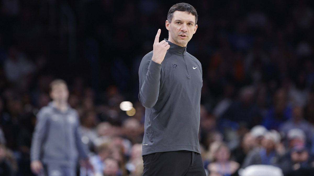 Thunder head coach Mark Daigneault calls for a time out and review after a play against the Minnesota Timberwolves during the second half at Paycom Center