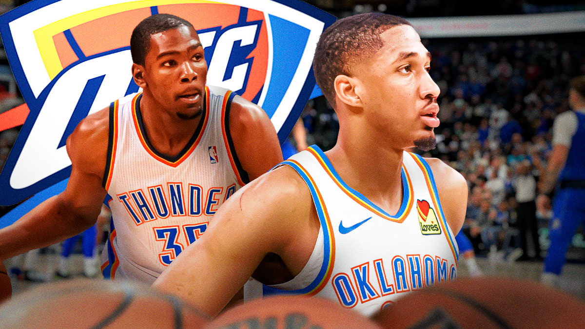 Thunder guard Aaron Wiggins next to Thunder legend Kevin Durant with the Thunder logo in the background