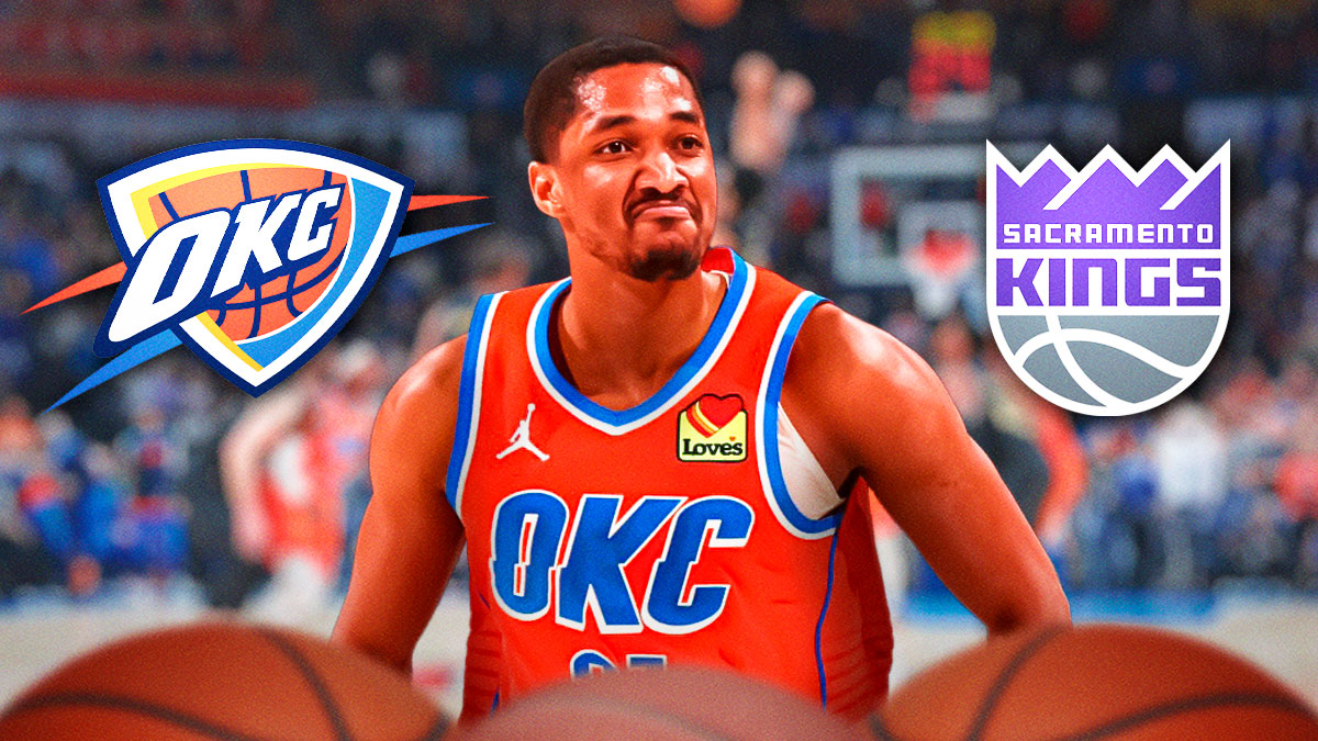 Thunder guard Aaron Wiggins next to the Thunder and Kings logos and they Paycom Center in the background