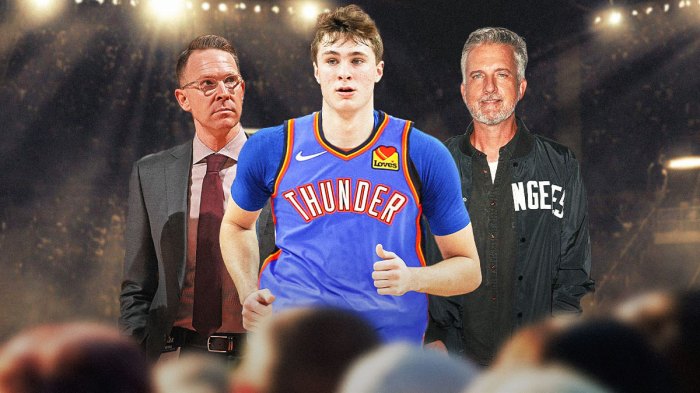 Cooper Flagg wearing Thunder gear in the middle of Bill Simmons and Sam Presti.