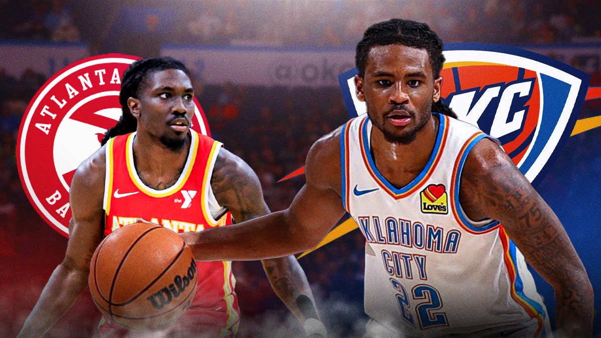 Thunder guard Cason Wallace next to Hawks guard Keaton Wallace and the Thunder and Hawks logos in the background